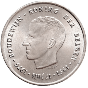 250 Belgische frank 1976 Koning Boudewijn. Zilveren herdenkingsmunt met portret van Koning Boudewijn.