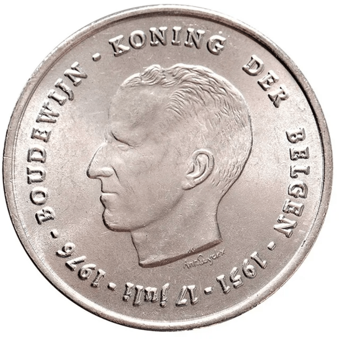 250 Belgische frank 1976 Koning Boudewijn. Zilveren herdenkingsmunt met portret van Koning Boudewijn.