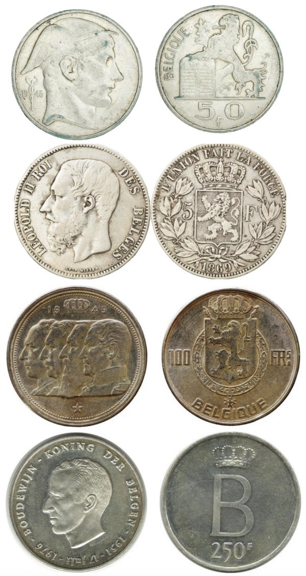 Zilveren 5 frank, 50 frank, 100 frank, 250 frank Belgie
