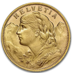 20 Zwitserse frank Vreneli gouden munt. Zwitsers kruis en '20 FR' op de iconische gouden munt.