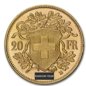 20 Zwitserse frank Vreneli gouden munt. Zwitsers kruis en '20 FR' op de iconische gouden munt.