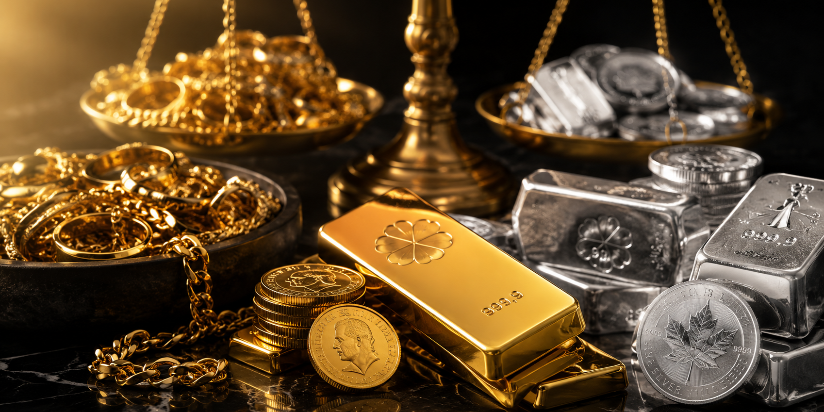 Banner 3 Gouden baren en zilveren munten liggen naast een balansschaal gevuld met edelmetalen op een zwarte ondergrond.