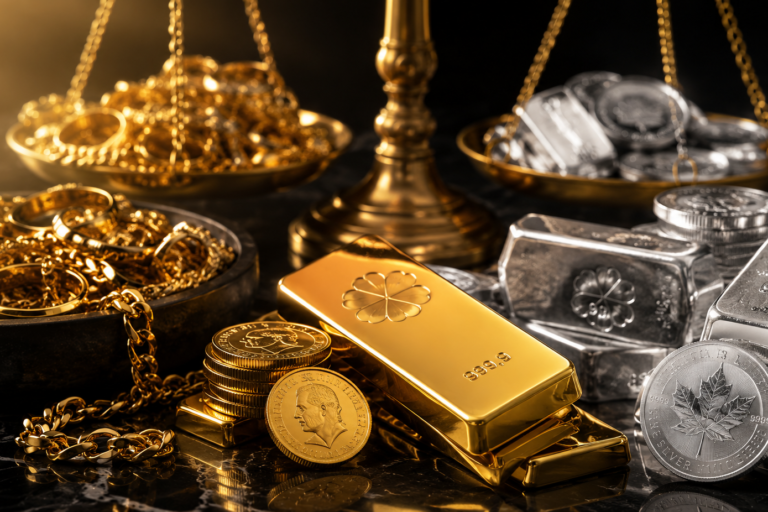 Gouden baren en zilveren munten liggen naast een balansschaal gevuld met edelmetalen op een zwarte ondergrond.