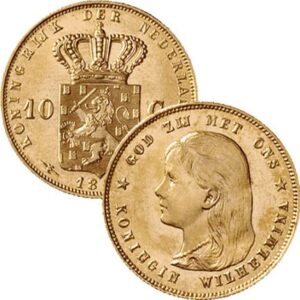 Gouden Nederlandse munt van 10 gulden uit 1897 met het portret van koningin Wilhelmina en het wapenschild met leeuw.