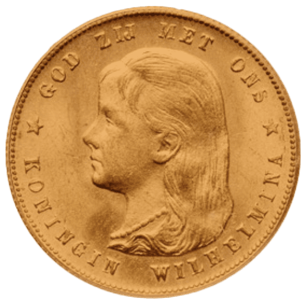 Gouden tientje uit 1897 toont het profiel van koningin Wilhelmina met de inscriptie GOD ZIJ MET ONS KONINGIN WILHELMINA.