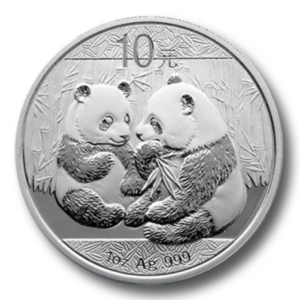 Zilveren munt met twee reuzenpanda's die bamboe vasthouden, met de tekst 10元 en 10z Ag 999